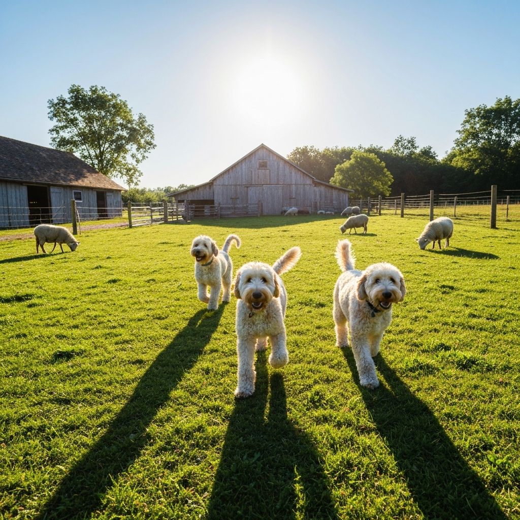 Farm outdoor space with dogs playing