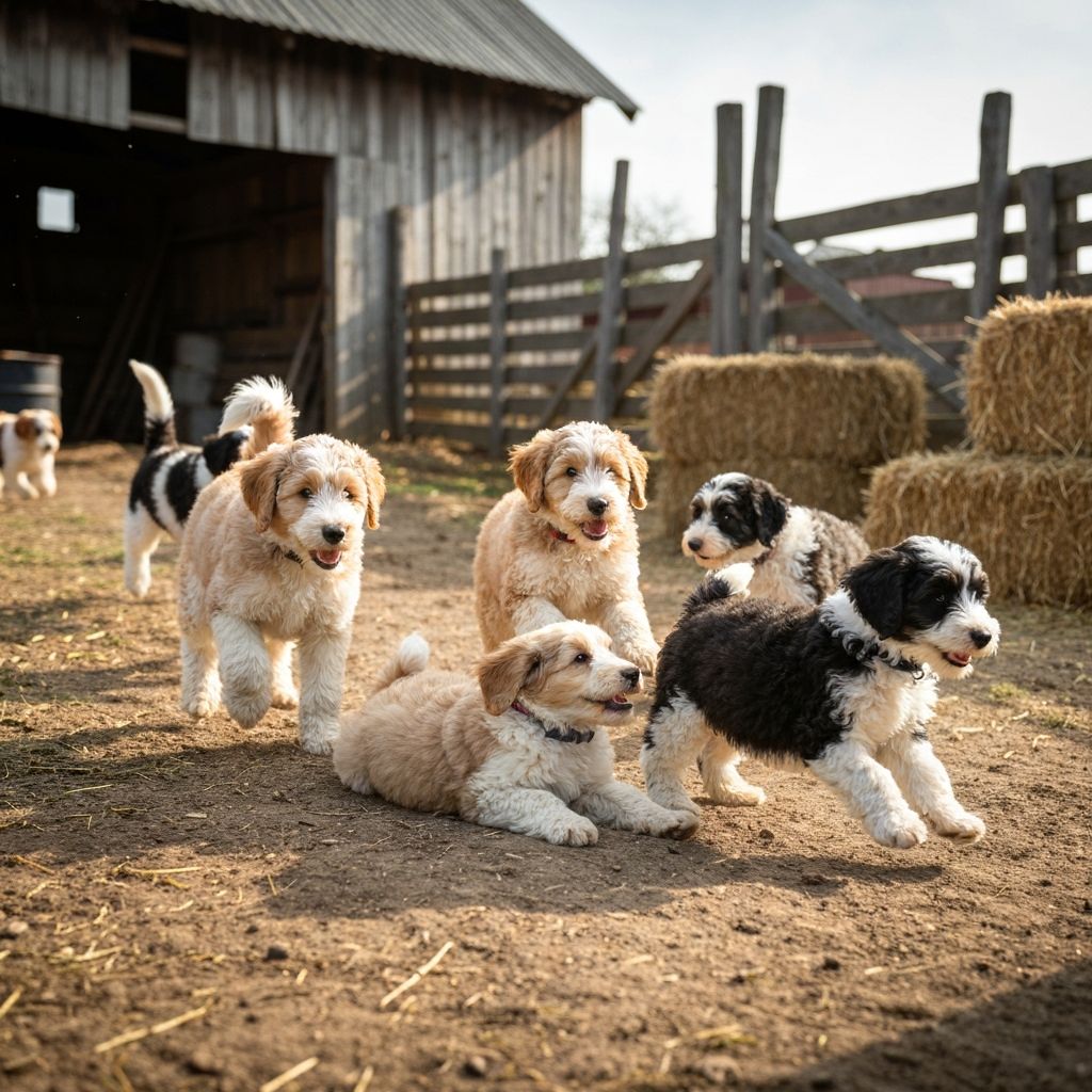 Sheepadoodle puppies in the yard