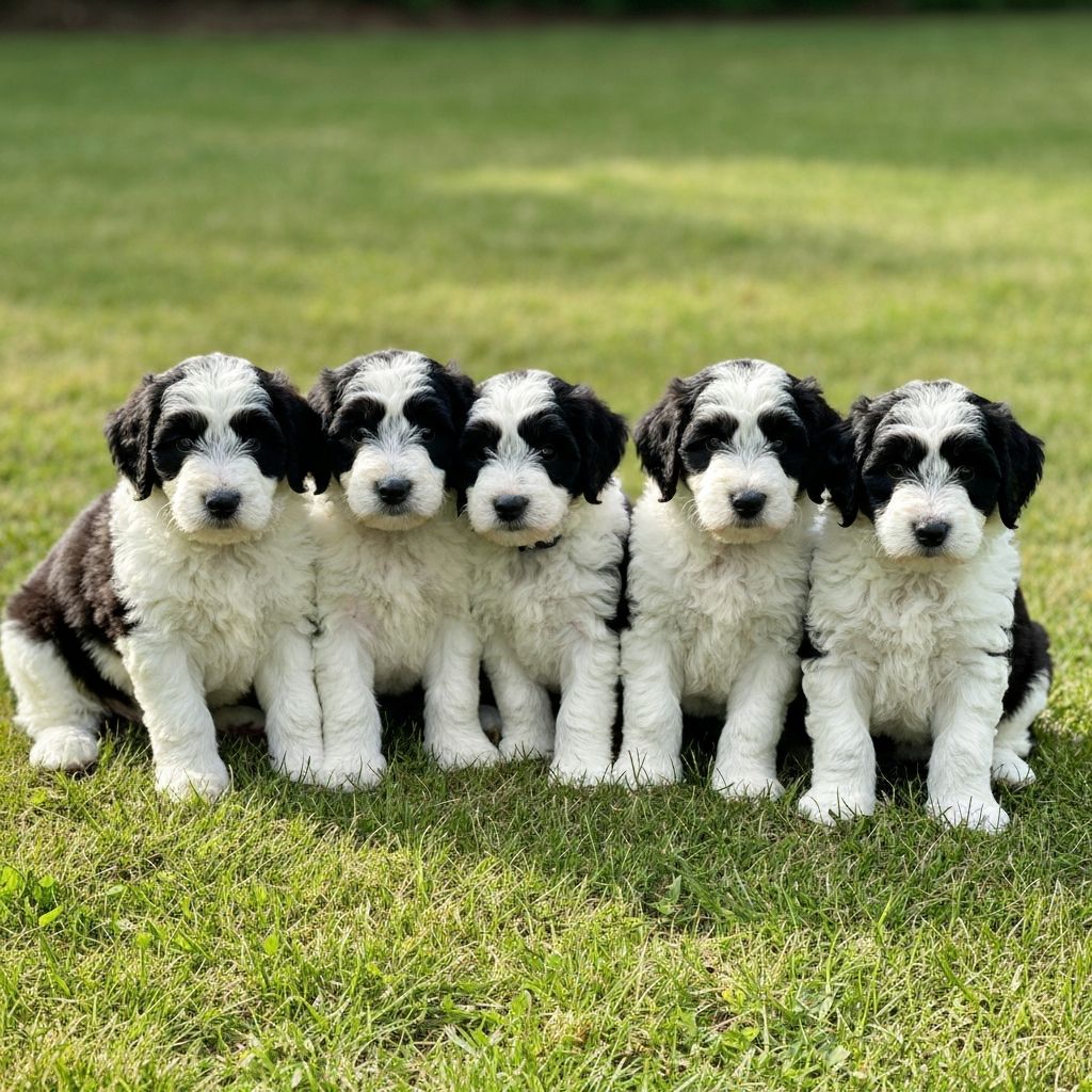 Row of adorable Sheepadoodle puppies